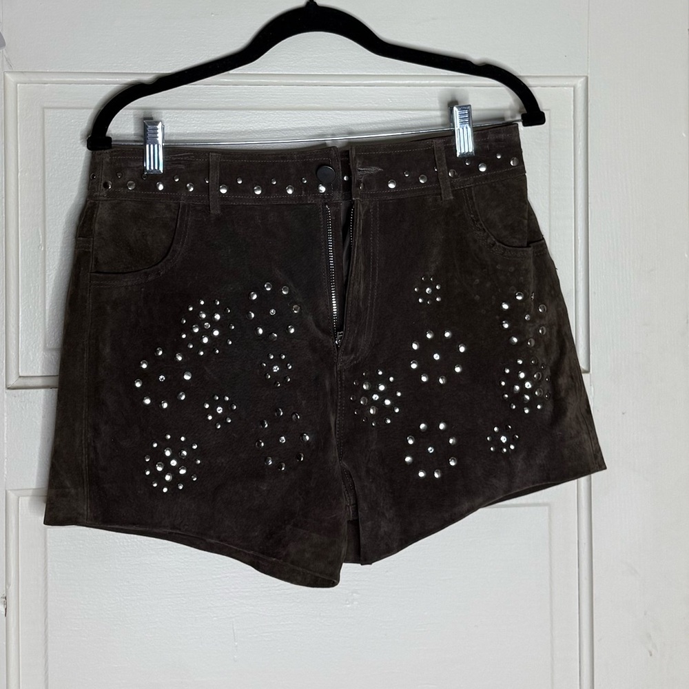 DRIFTWOOD Brown Studded Suede Shorts - Picture 2 of 3